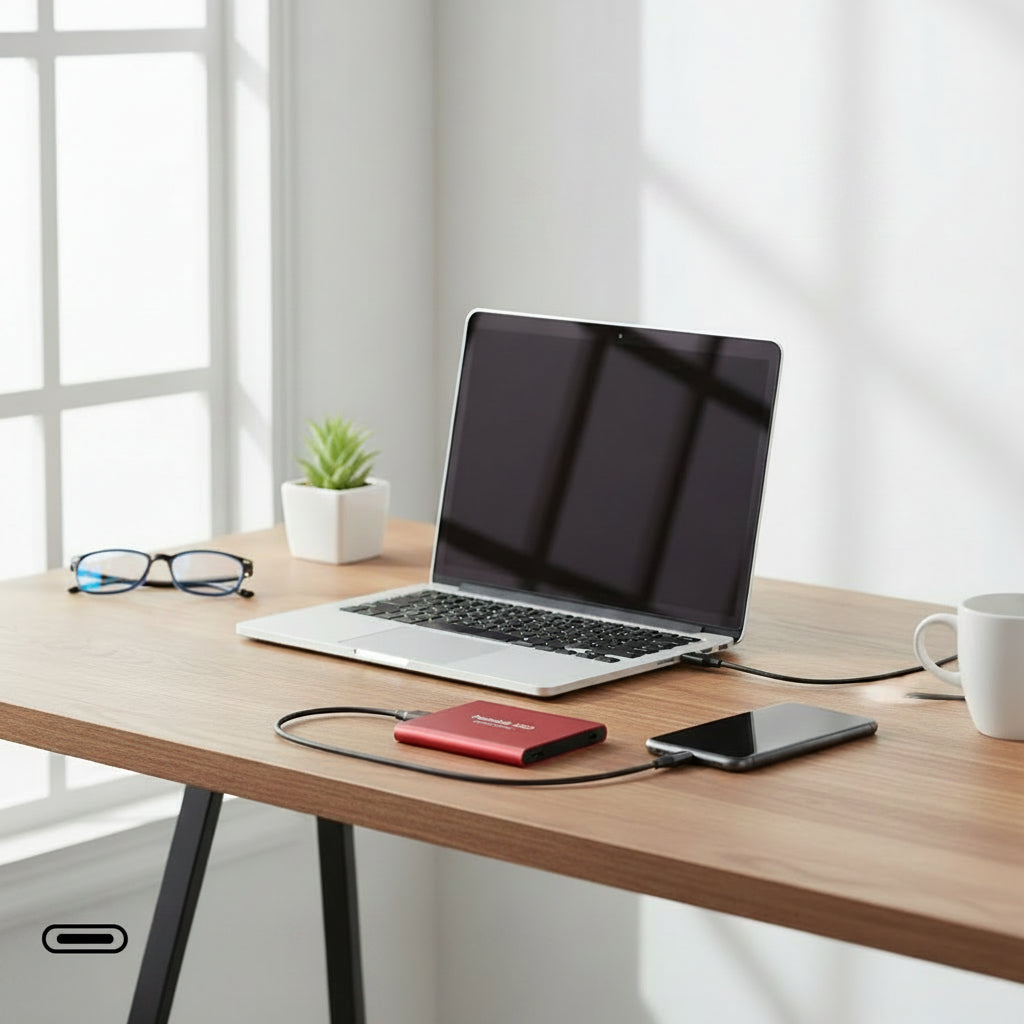 Bärbar extern SSD-enhet med USB-kabel och 128 TB märkning