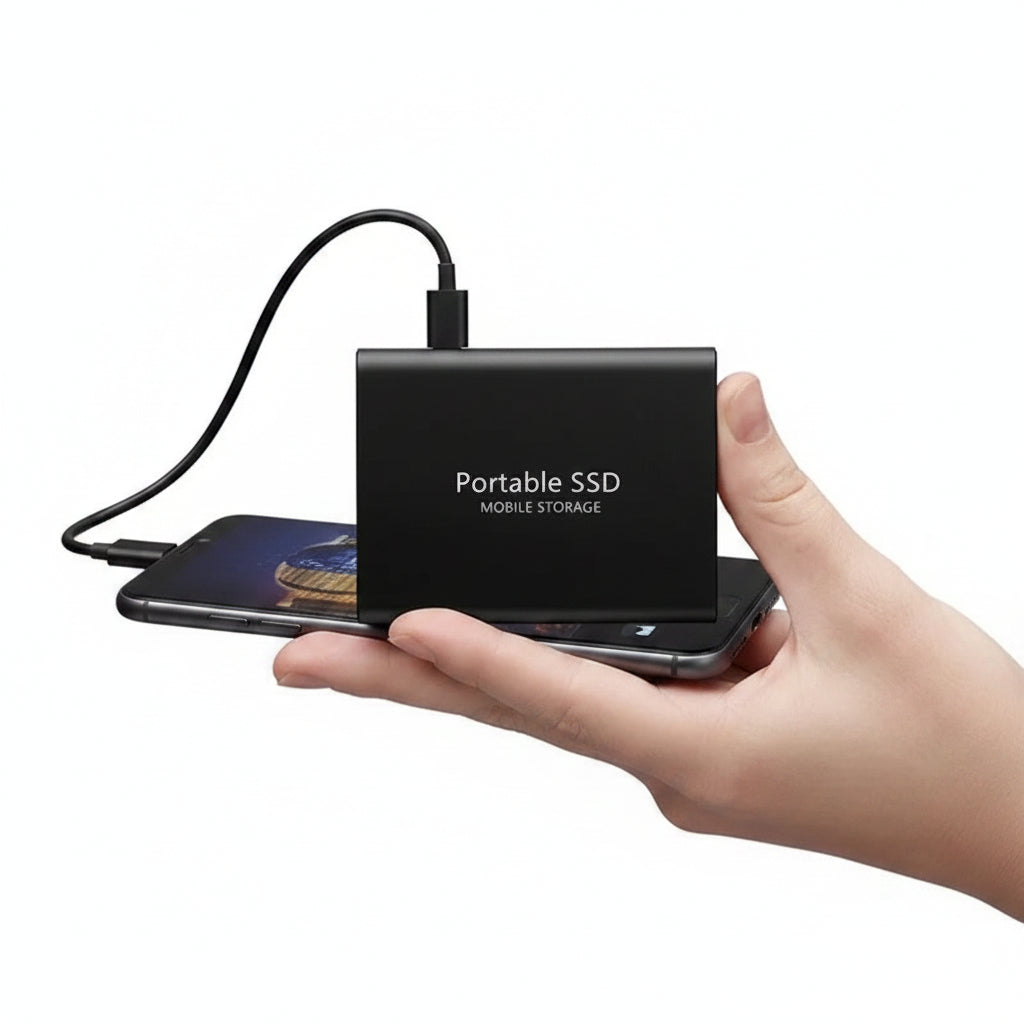 Bärbar extern SSD-enhet med USB-kabel och 128 TB märkning