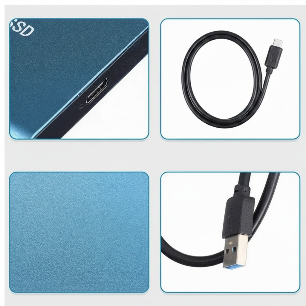 Bärbar extern SSD-enhet med USB-kabel och 128 TB märkning