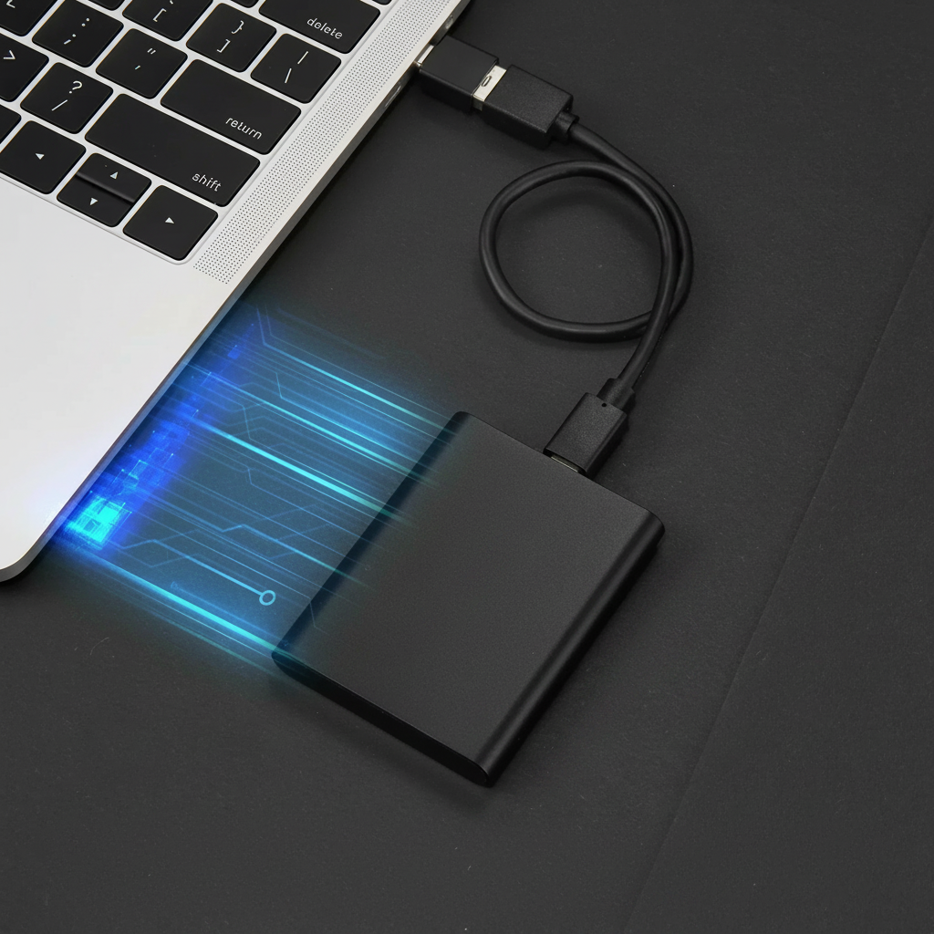 Bärbar extern SSD med USB-kabel för dator och mobil