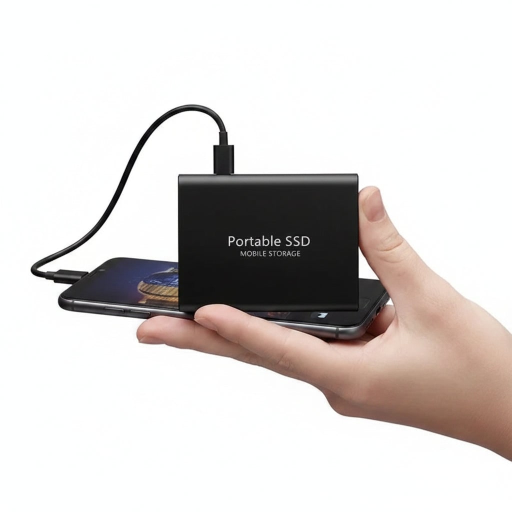 Bärbar extern SSD med USB-kabel för dator och mobil