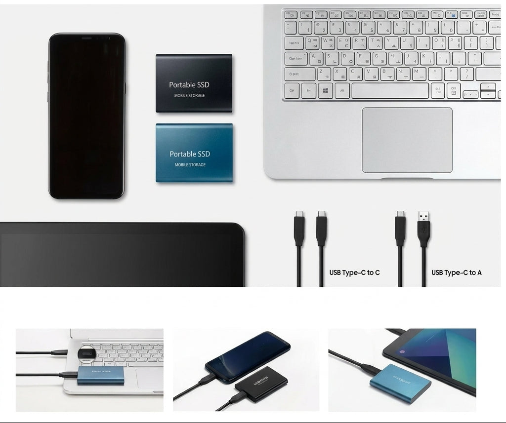 Extern portabel SSD med USB-kabel och 128 TB märkning