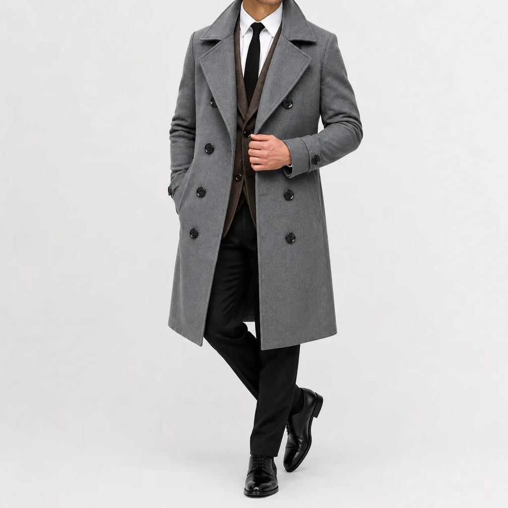 Dubbelknäppt trenchcoat med slagkrage, sidfickor och långa ärmar