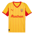 Kortärmad RC Lens-fotbollströja med vertikala ränder och klubbemblem