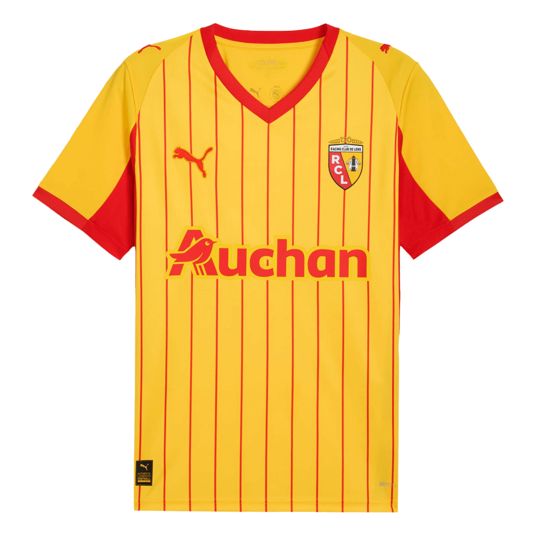 Kortärmad RC Lens-fotbollströja med vertikala ränder och klubbemblem