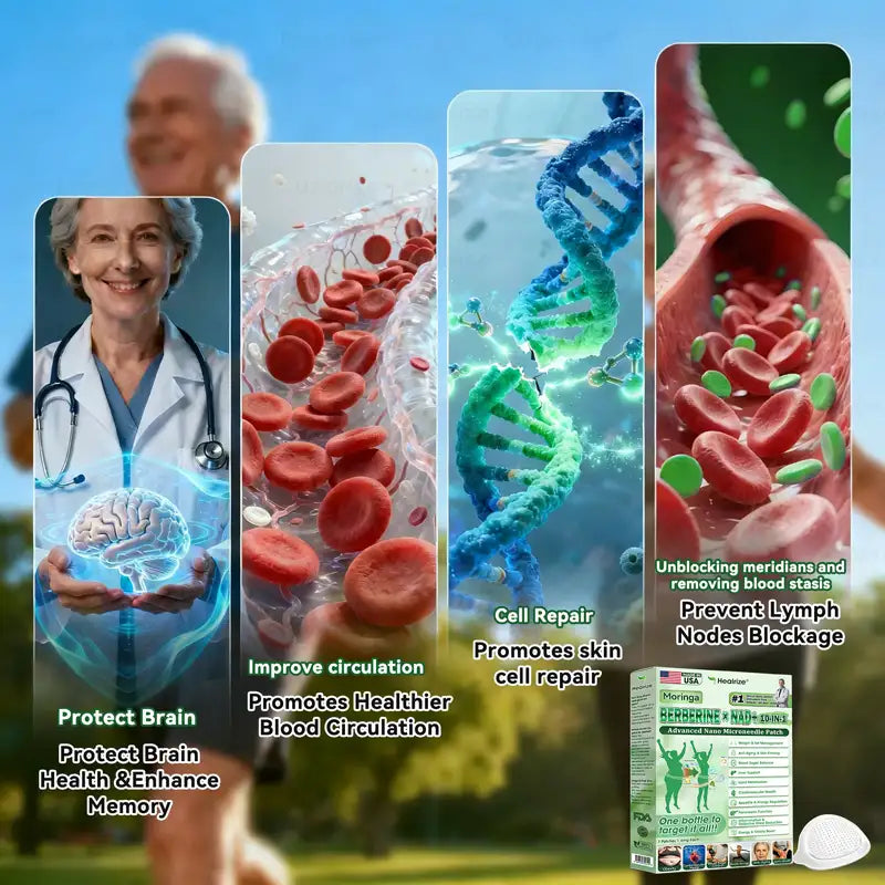 Vita mikronålsplåster med berberin och NAD+ bredvid grön produktförpackning
