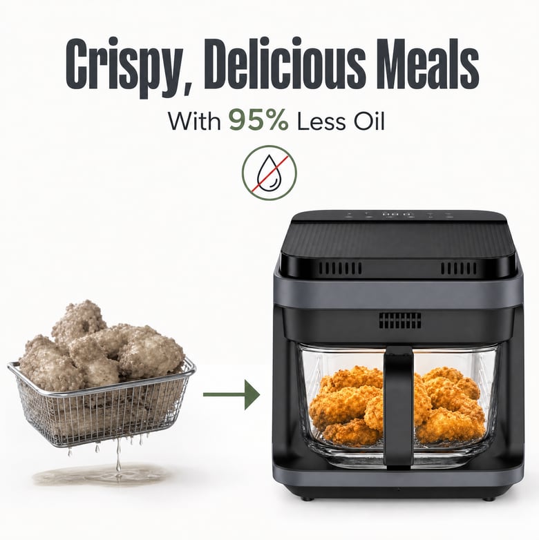 Svart varmluftsfritös med transparent glaslåda och digital pekpanel