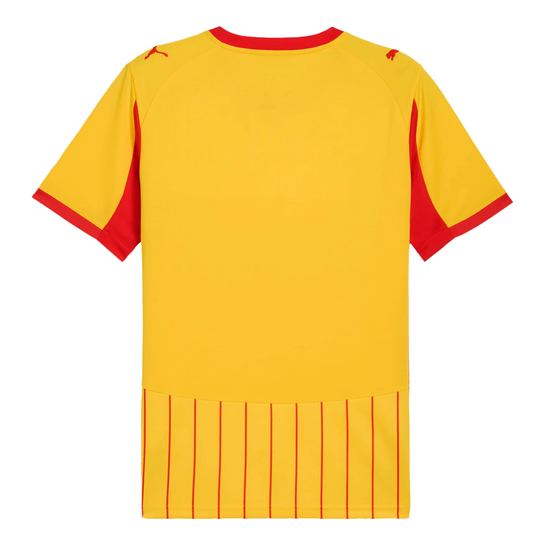 Kortärmad RC Lens-fotbollströja med vertikala ränder och klubbemblem