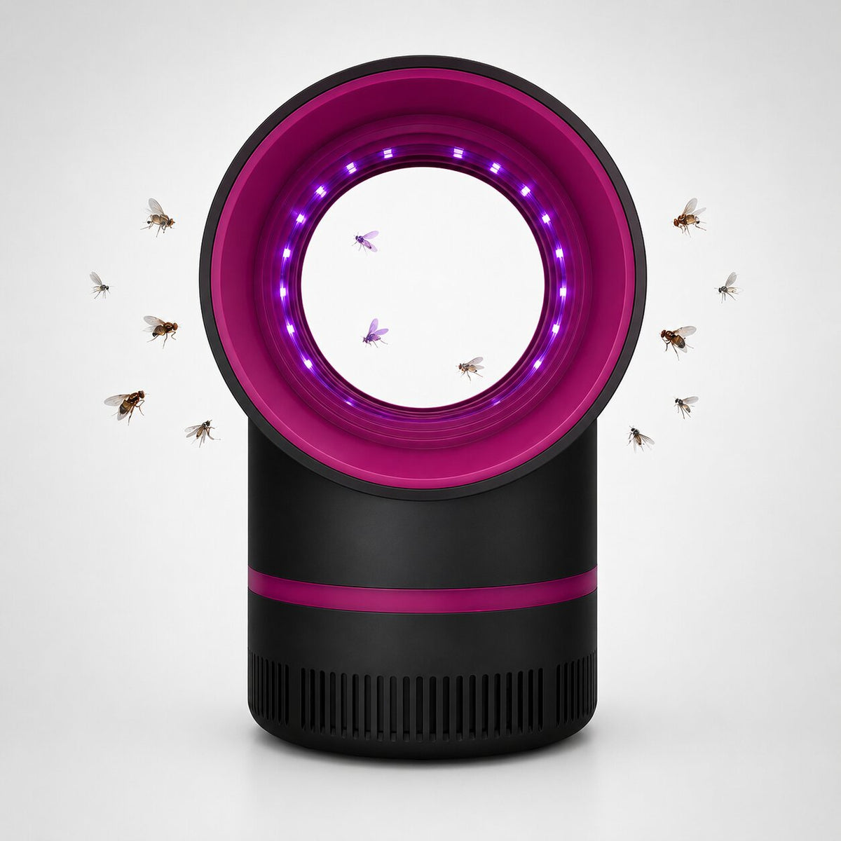 Svart insektsfälla med violett ljusring och fångstbehållare för inomhusbruk