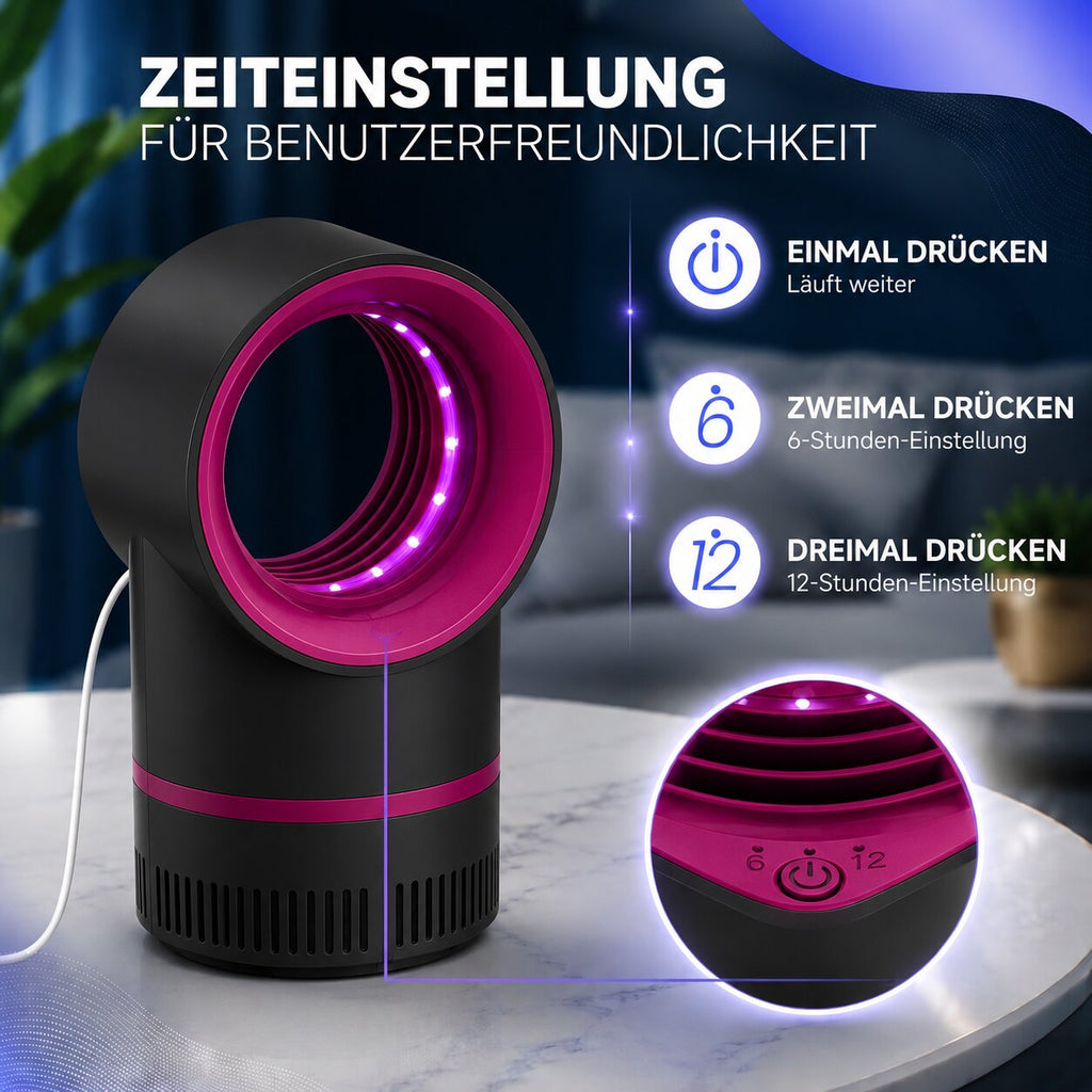 Svart insektsfälla med violett ljusring och fångstbehållare för inomhusbruk