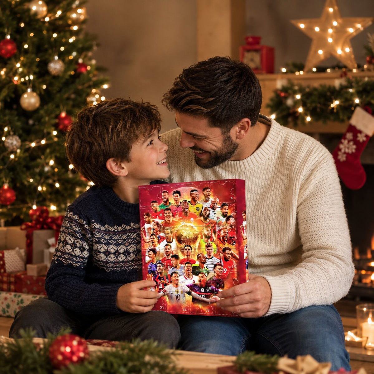 Röd adventskalender med 24 numrerade luckor och fotbollsmotiv
