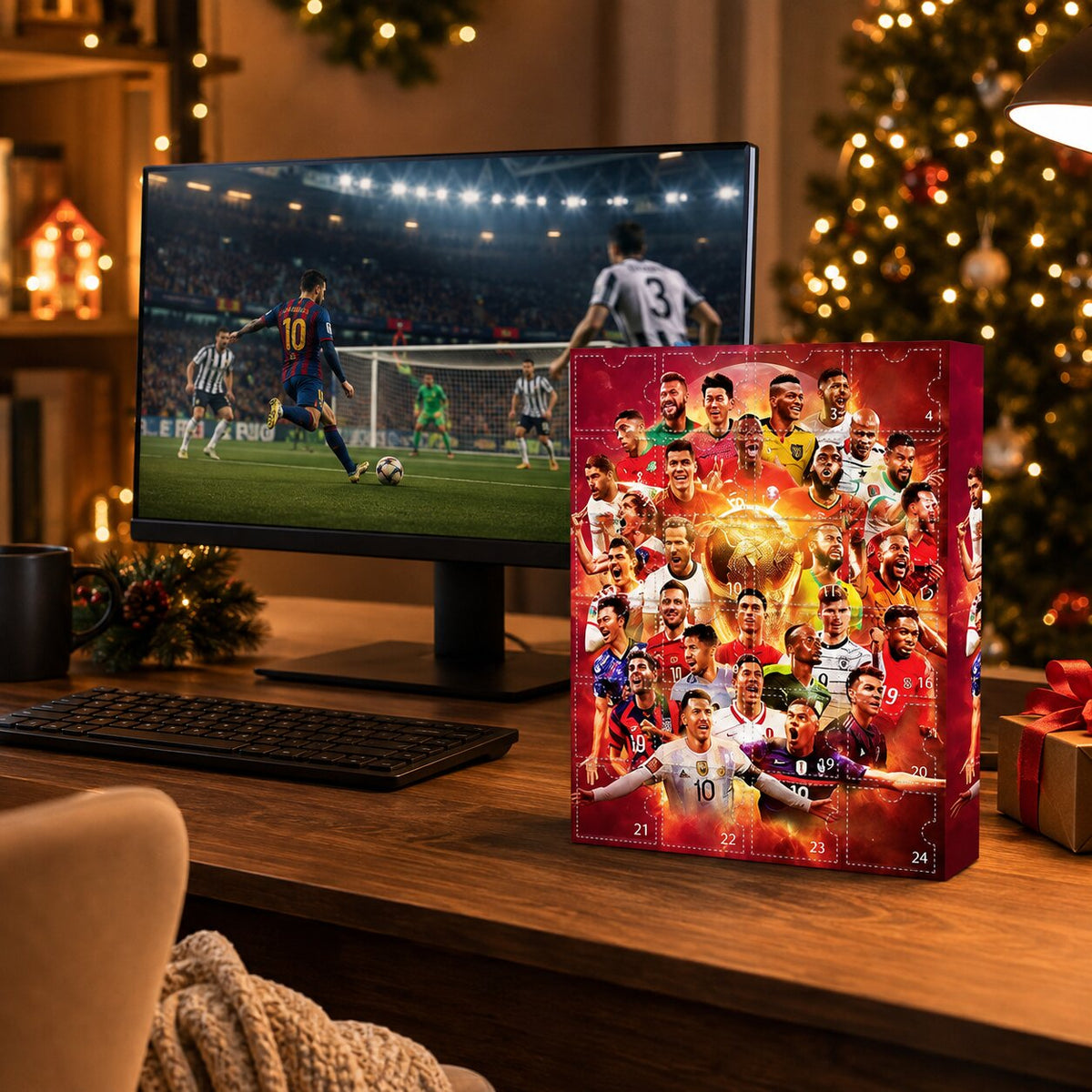 Röd adventskalender med 24 numrerade luckor och fotbollsmotiv