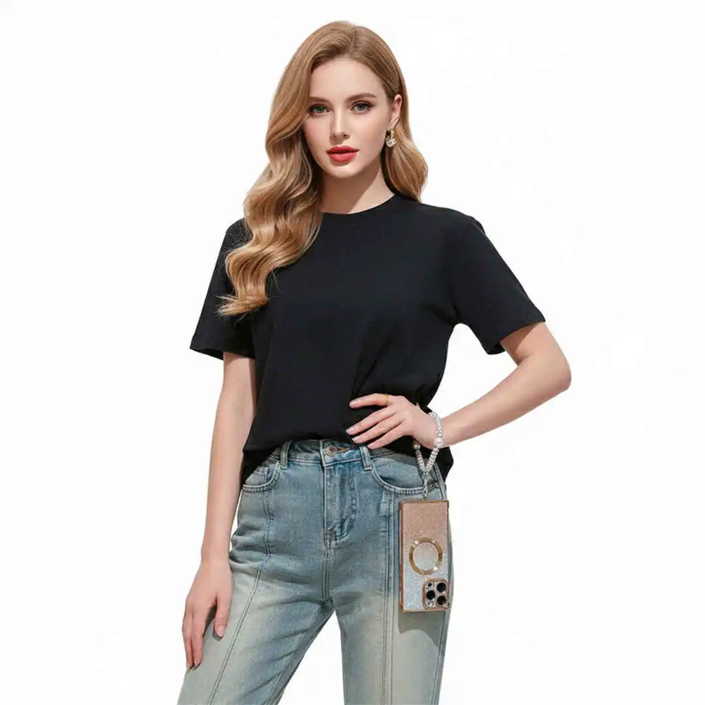 Glittrande mobilskal för iPhone med ring och pärlformad handledsrem
