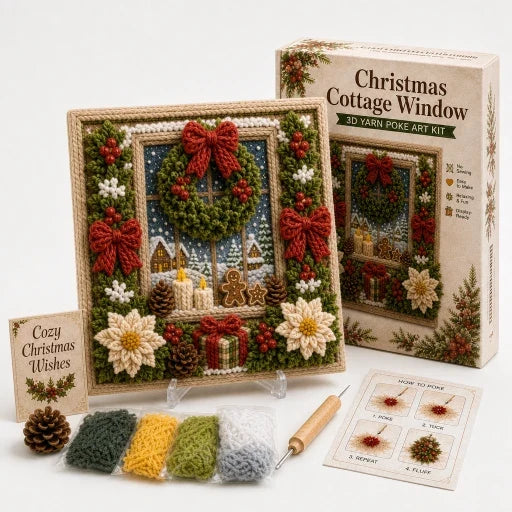 3D-garnkonstkit med julmotiv, färgat garn, nålverktyg och instruktioner