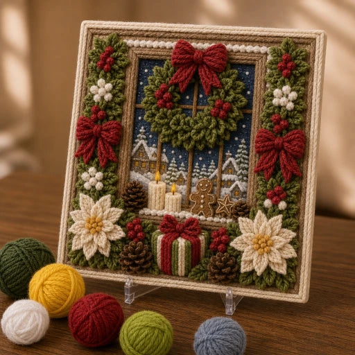 3D-garnkonstkit med julmotiv, färgat garn, nålverktyg och instruktioner