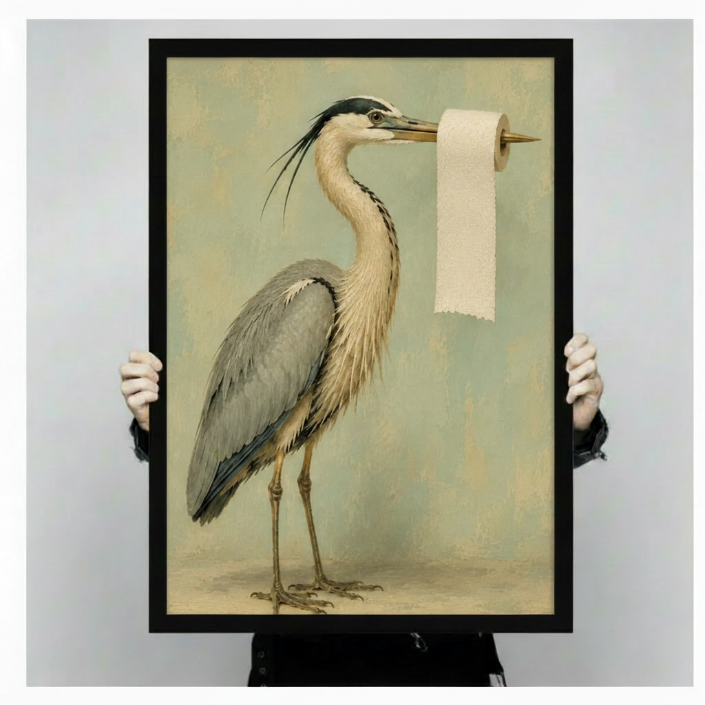 Canvastryck med vintageillustration av en häger som håller toalettpapper