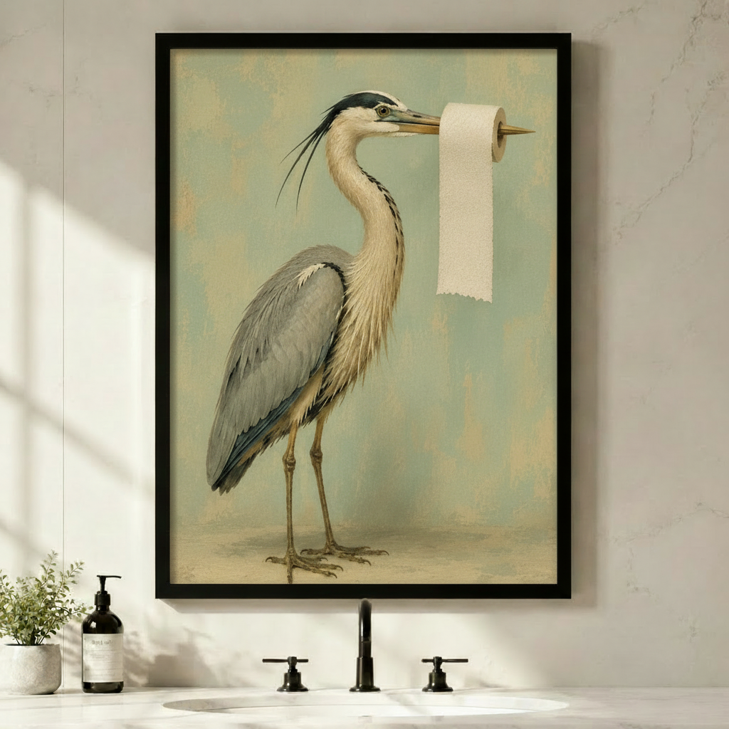 Canvastryck med vintageillustration av en häger som håller toalettpapper