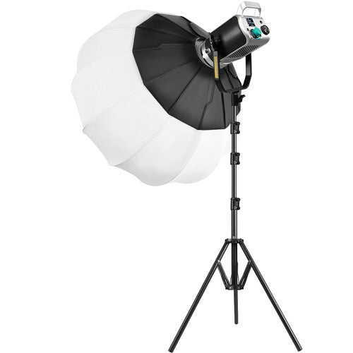Svart LED-videolampa med vit lanternsoftbox på stativ