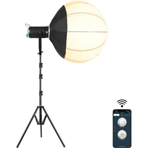 Svart LED-videolampa med vit lanternsoftbox på stativ