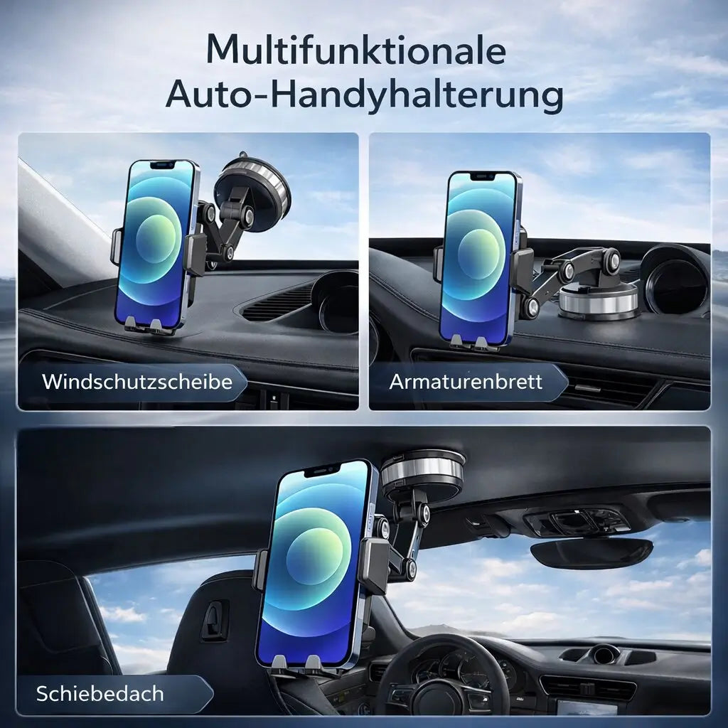 Svart mobilhållare för bil med ledad arm, sugkopp och ventilationsfäste