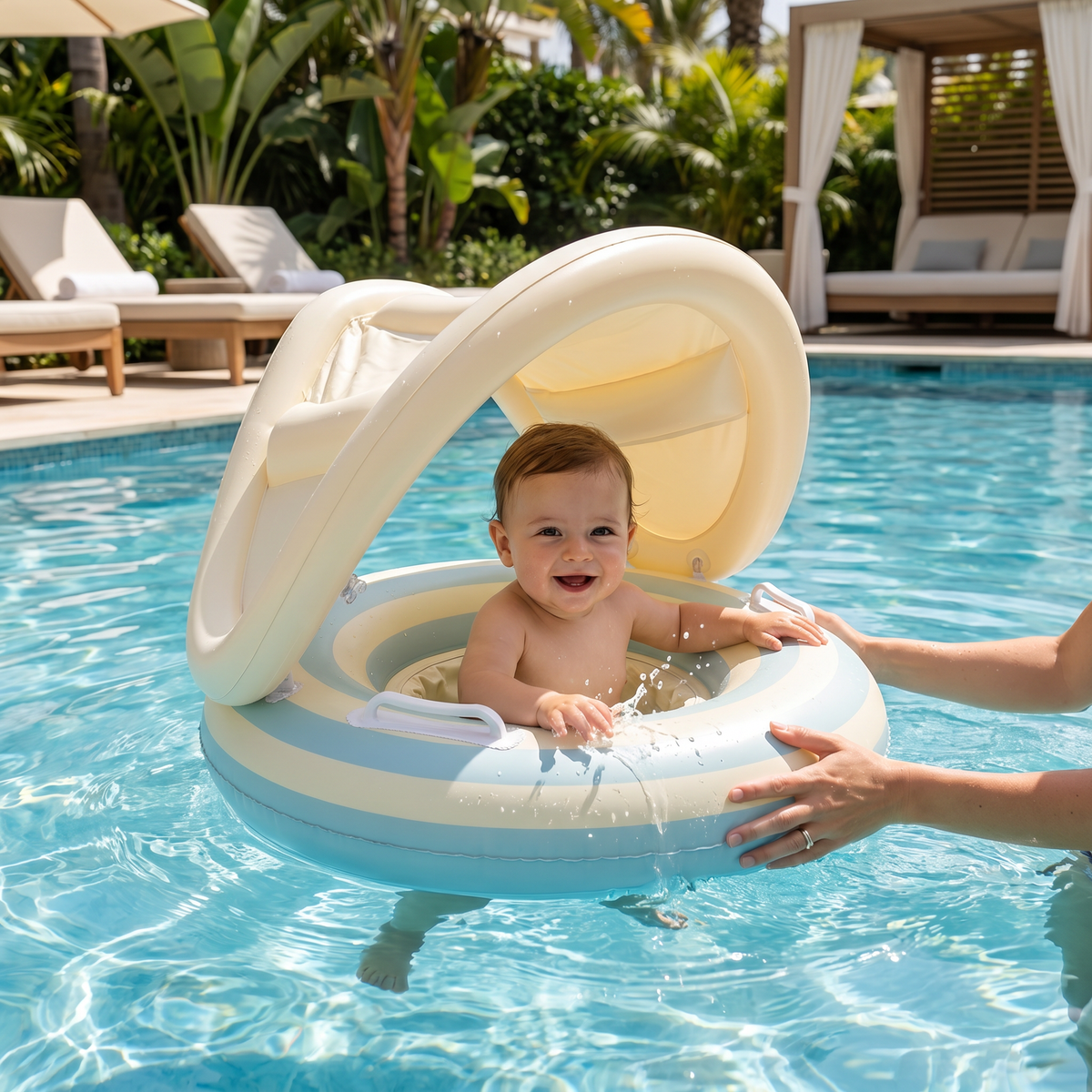 Uppblåsbar babyring med sittplats, ryggstöd och soltak i pool
