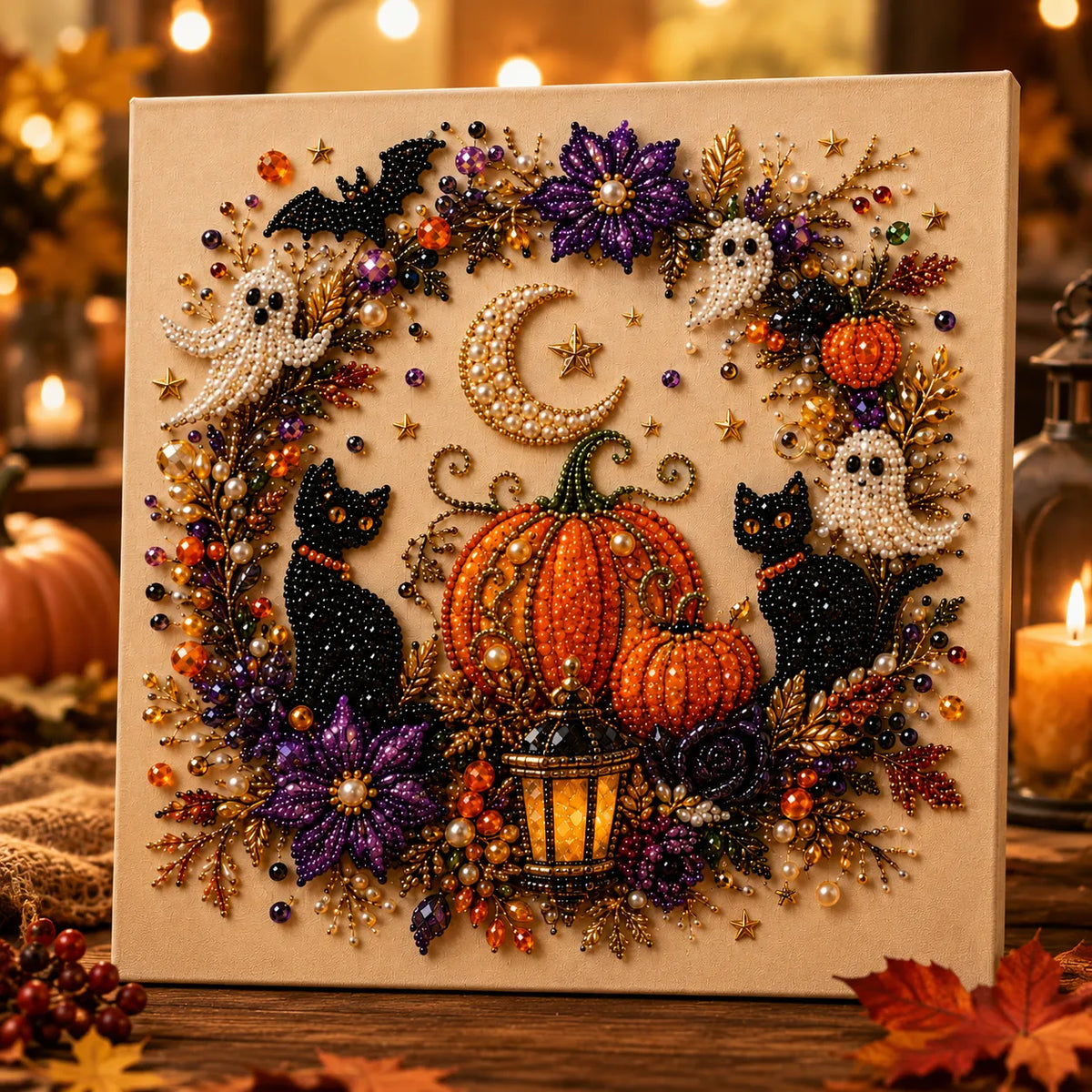 Pärlpysselkit med Halloweenmotiv av spöken, pumpor, katter och lykta