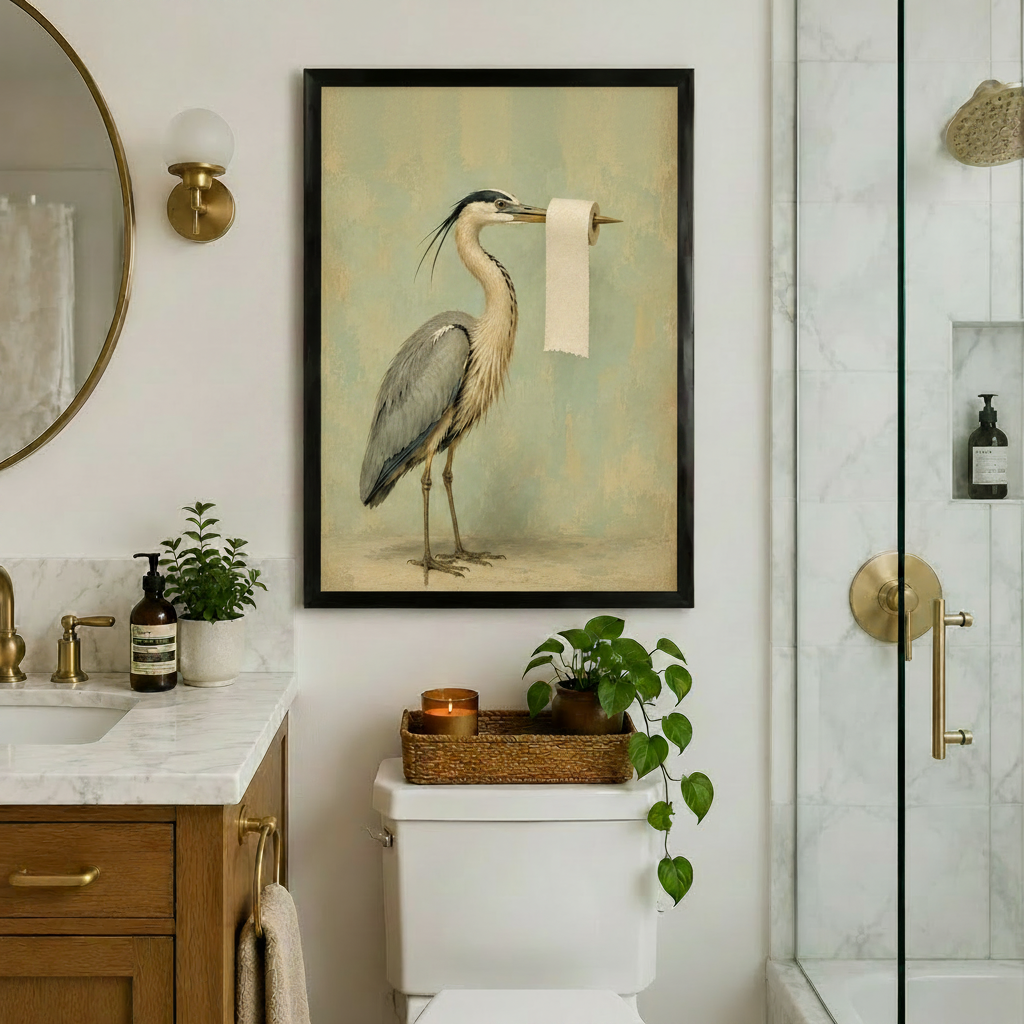 Canvastryck med vintageillustration av en häger som håller toalettpapper
