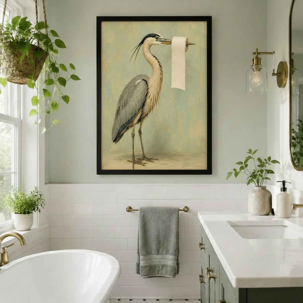 Canvastryck med vintageillustration av en häger som håller toalettpapper
