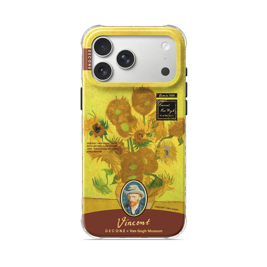 Transparent iPhone-skal med solrosmotiv och porträtt av Vincent van Gogh