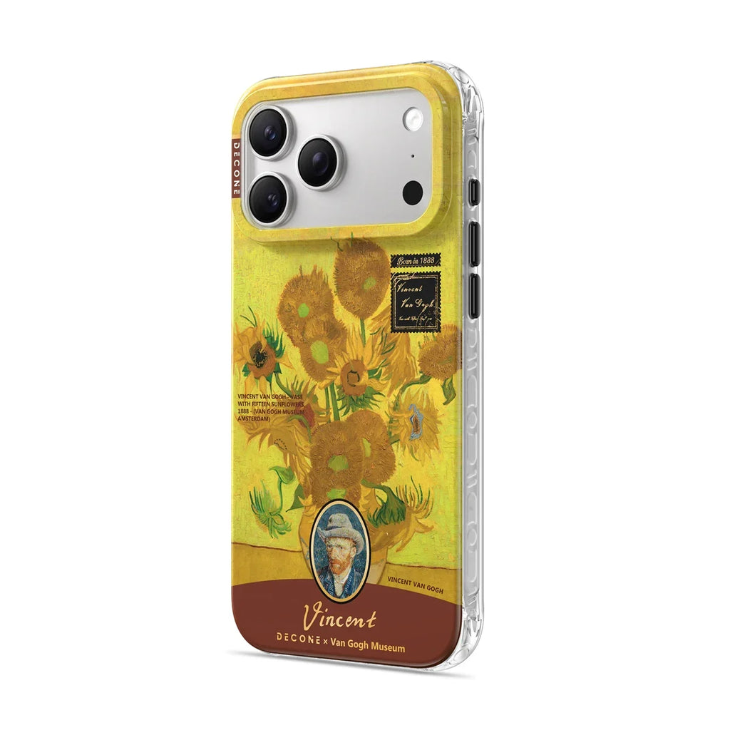 Transparent iPhone-skal med solrosmotiv och porträtt av Vincent van Gogh