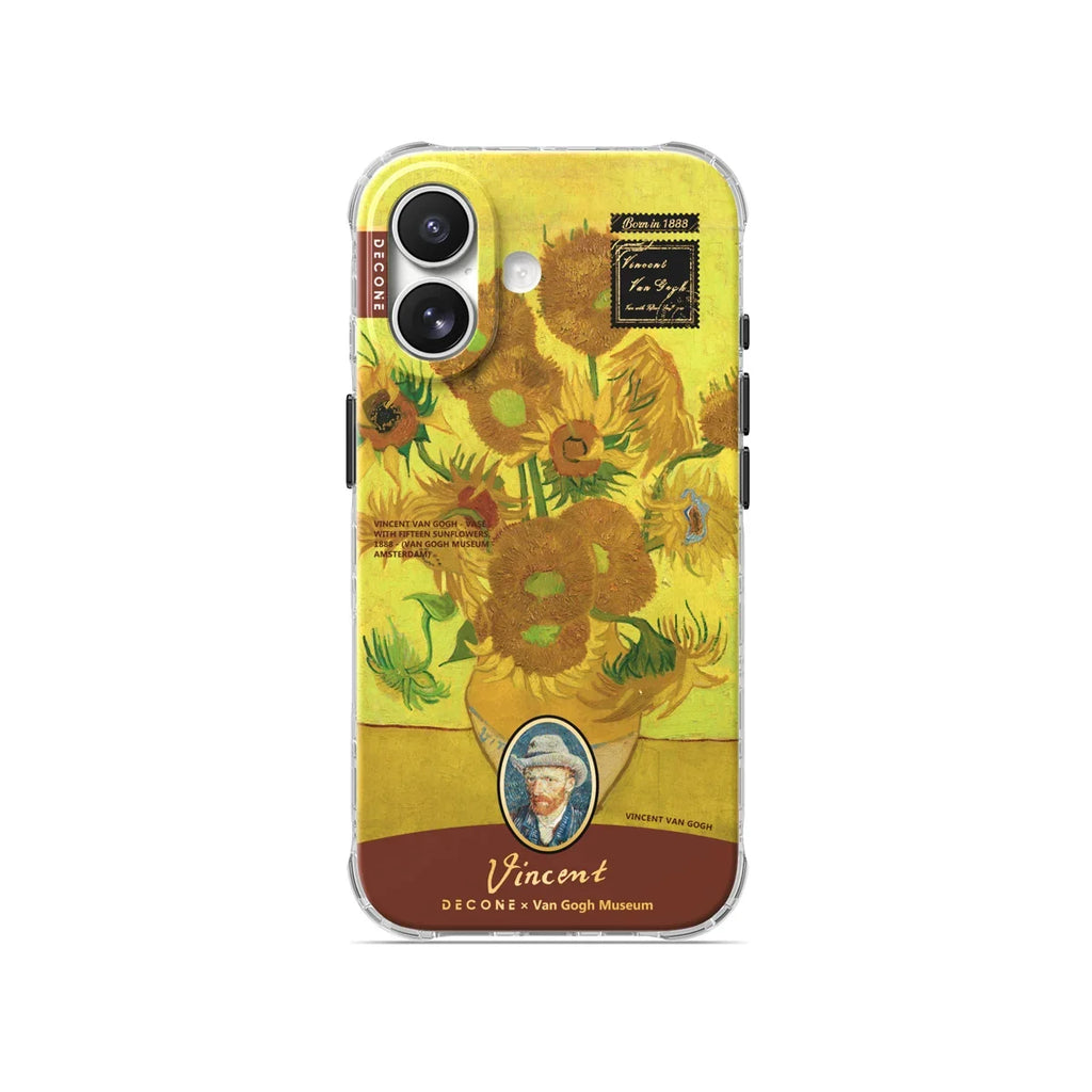 Transparent iPhone-skal med solrosmotiv och porträtt av Vincent van Gogh