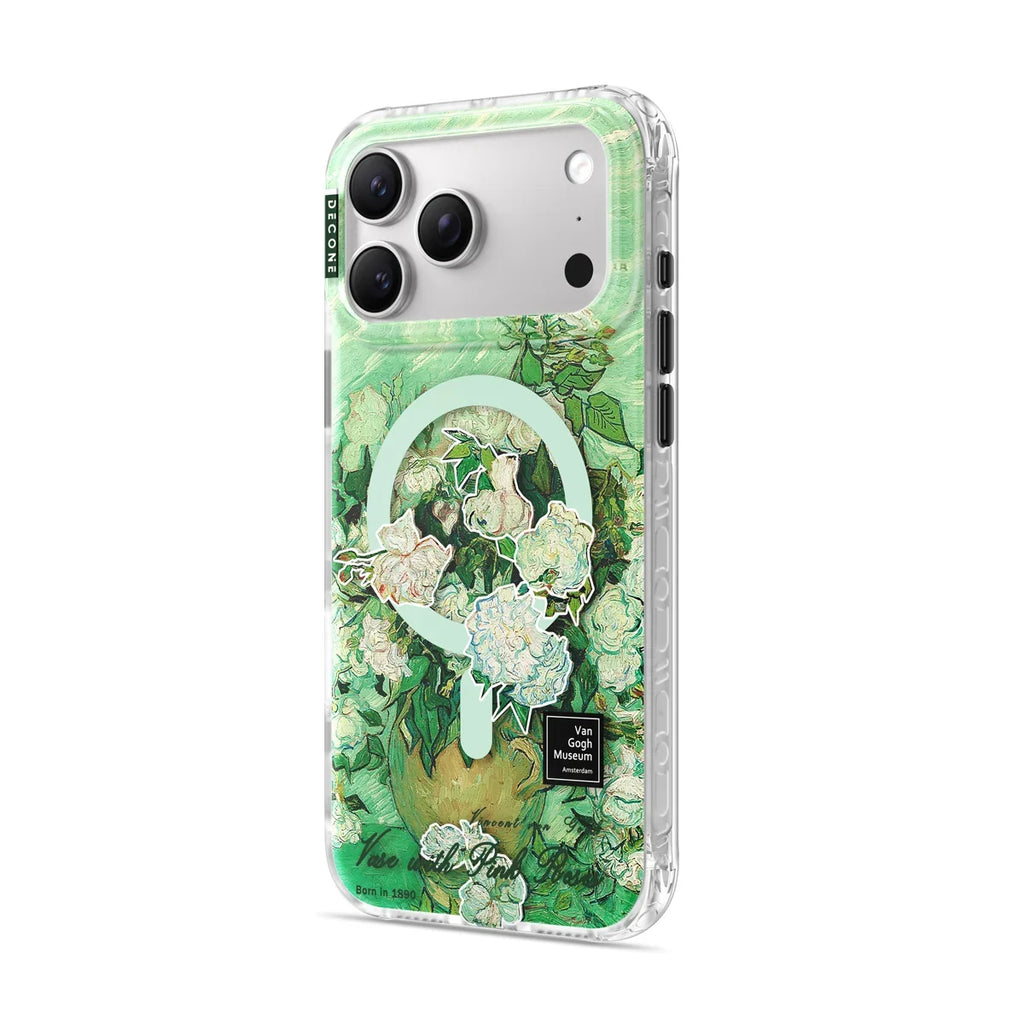 Klart iPhone-skal med grönt blommönster och rosor