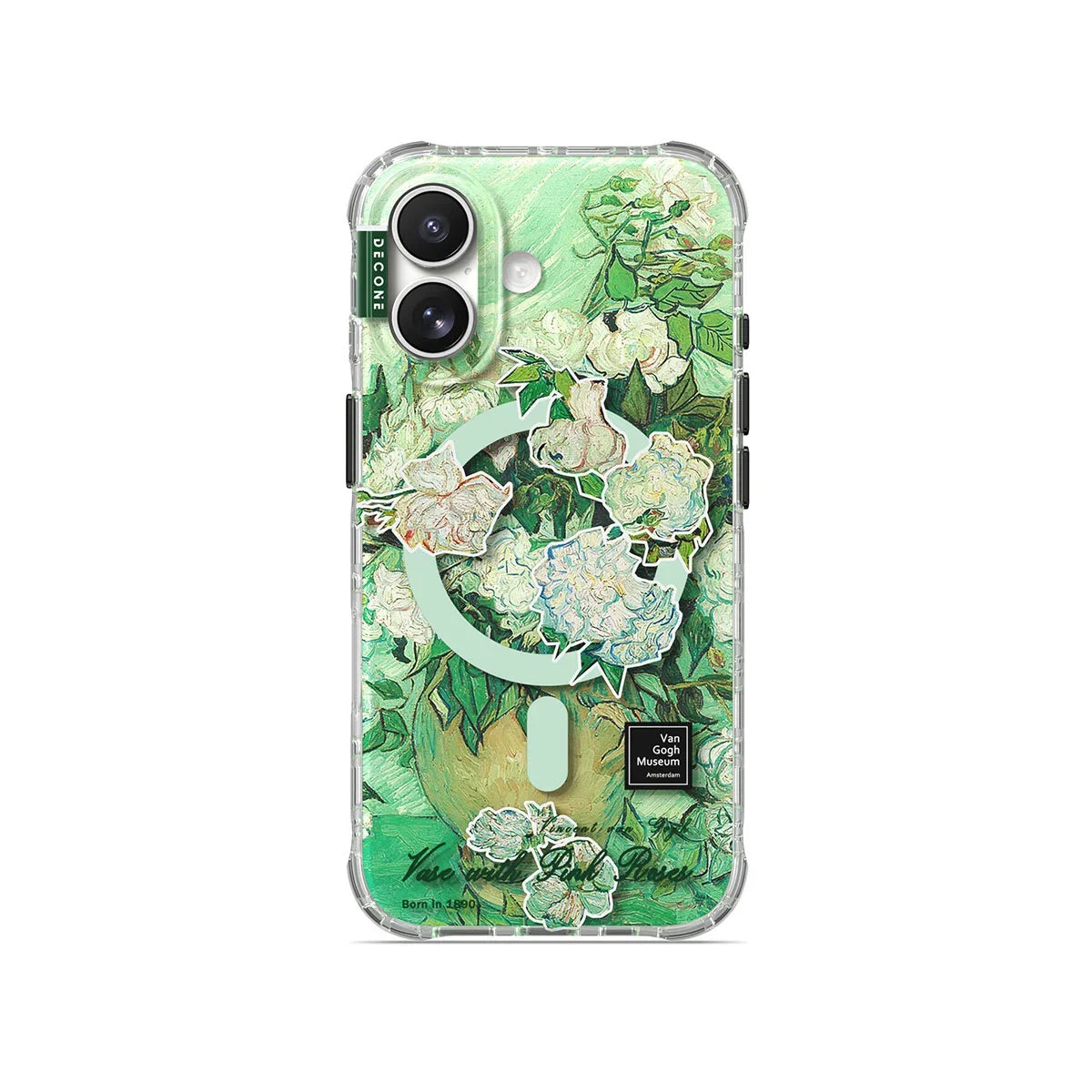 Klart iPhone-skal med grönt blommönster och rosor