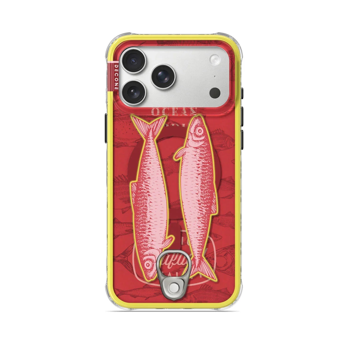 Transparent iPhone-skal med rött fiskmotiv, gul kant och ringhållare