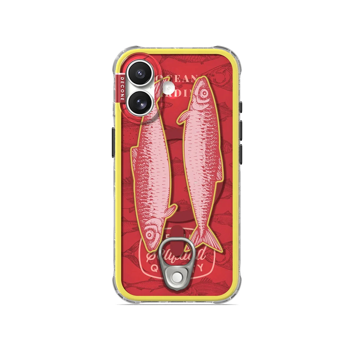 Transparent iPhone-skal med rött fiskmotiv, gul kant och ringhållare