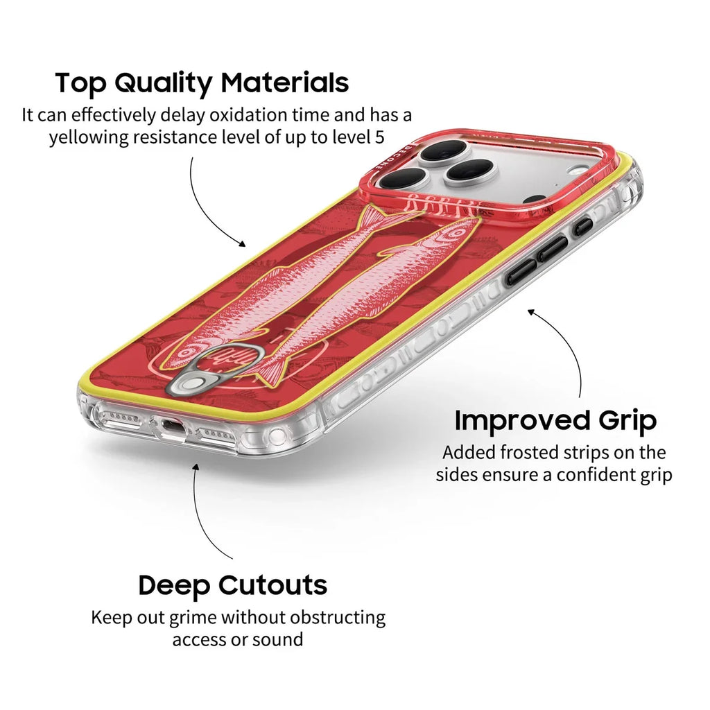 Transparent iPhone-skal med rött fiskmotiv, gul kant och ringhållare