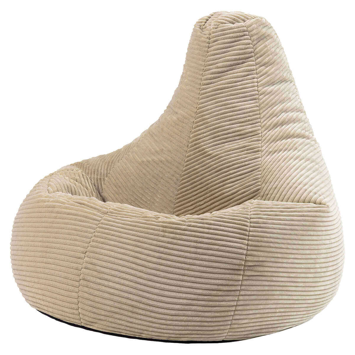 Beige sittpuff med hög rygg och räfflad klädsel