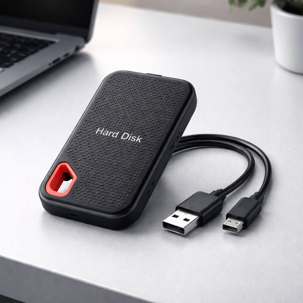 Svart bärbar extern SSD-hårddisk med rött grepp och USB-kabel