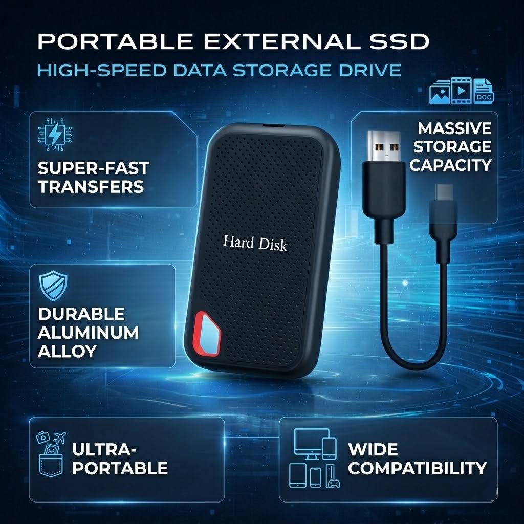 Svart bärbar extern SSD-hårddisk med rött grepp och USB-kabel