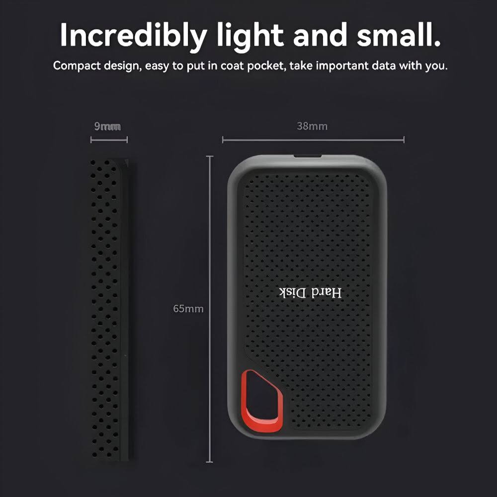 Svart bärbar extern SSD-hårddisk med rött grepp och USB-kabel