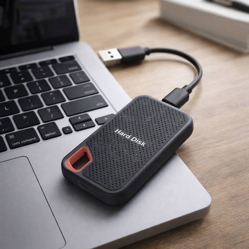 Svart bärbar extern SSD-hårddisk med rött grepp och USB-kabel