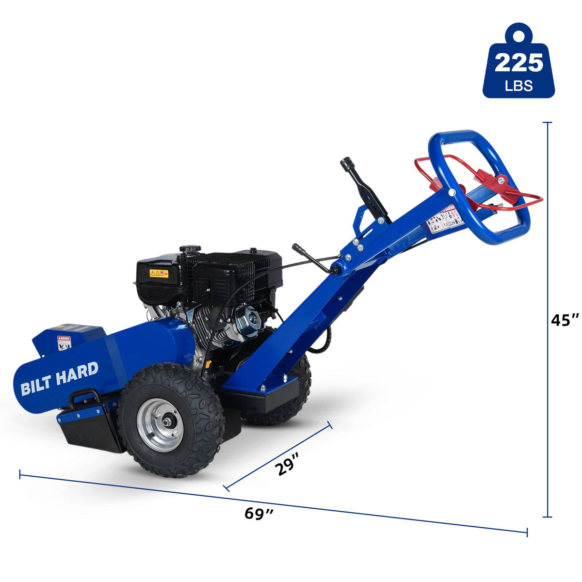 Blå bensindriven stubfräs med stora hjul och 420 cc motor