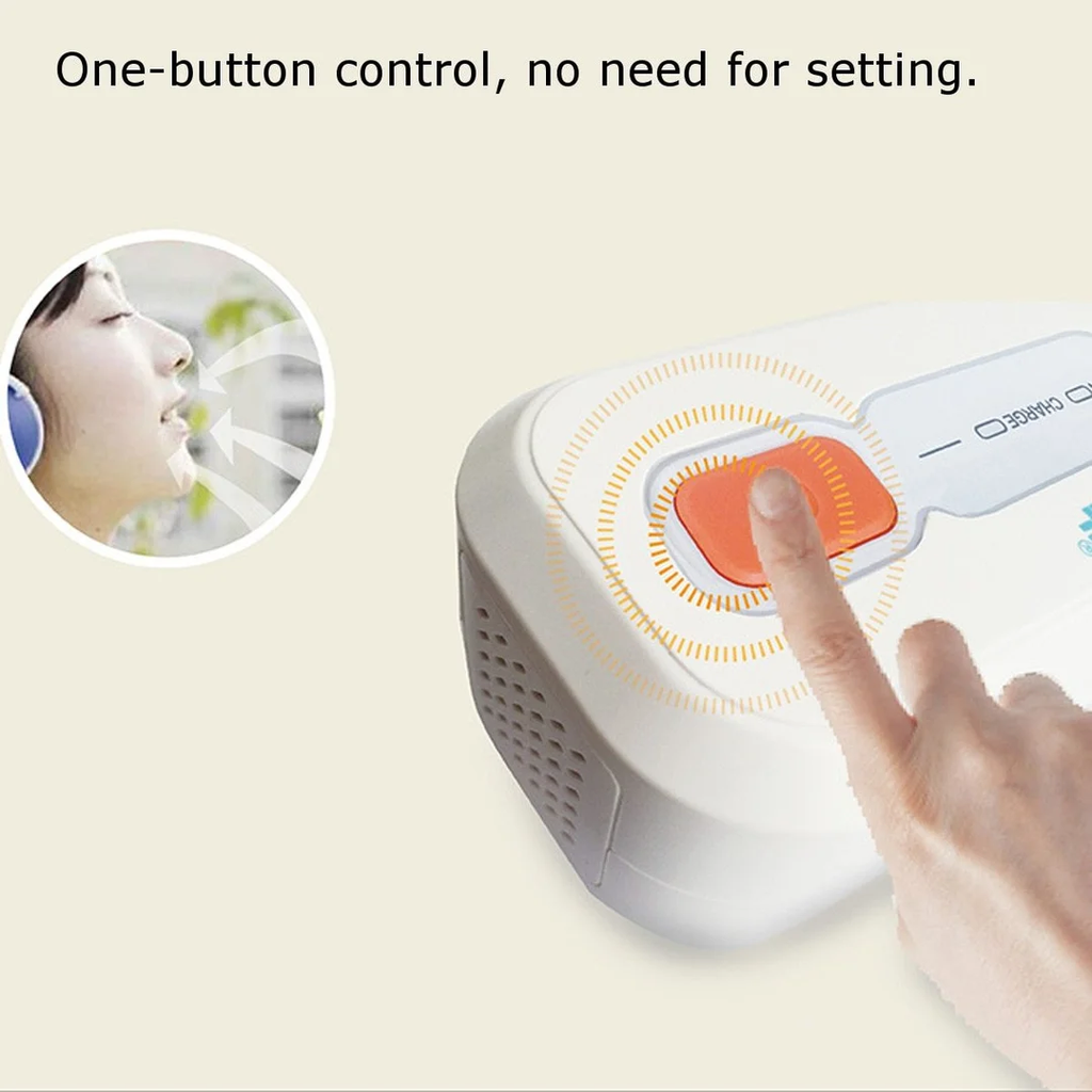 Vit ozonbaserad CPAP-rengöringsapparat med grå slanganslutning och orange knapp