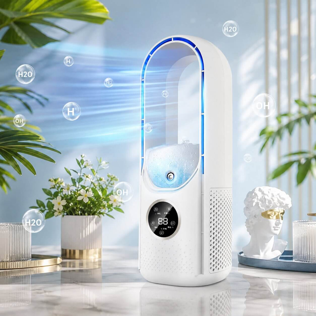Stående bladlös fläkt med digital display och bågformad design