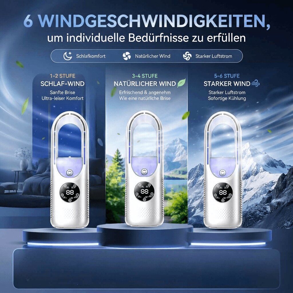 Stående bladlös fläkt med digital display och bågformad design