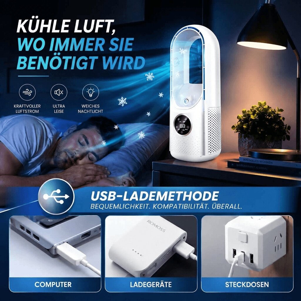 Stående bladlös fläkt med digital display och bågformad design