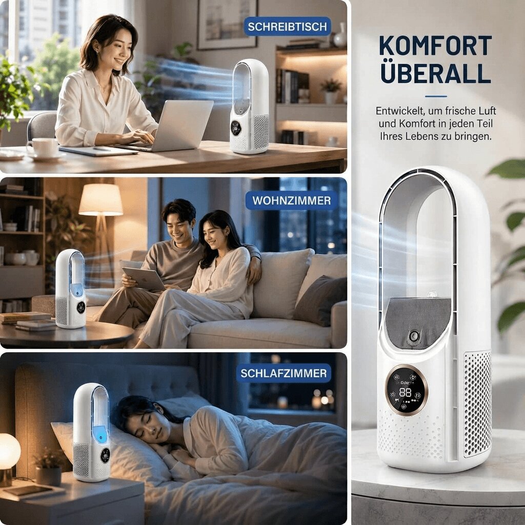 Stående bladlös fläkt med digital display och bågformad design