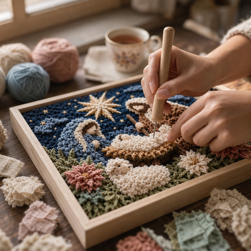 Inramad textil 3D-väggdekoration med bibliskt motiv, figurer och blommor