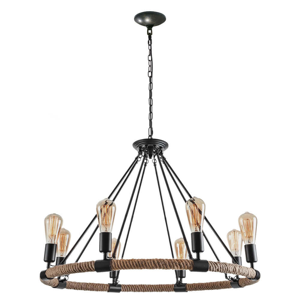 Vintageinspirerad svart taklampa med dubbla repklädda ringar och kedjeupphängning