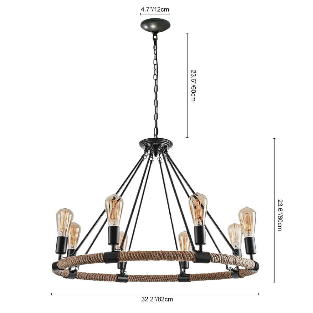 Vintageinspirerad svart taklampa med dubbla repklädda ringar och kedjeupphängning
